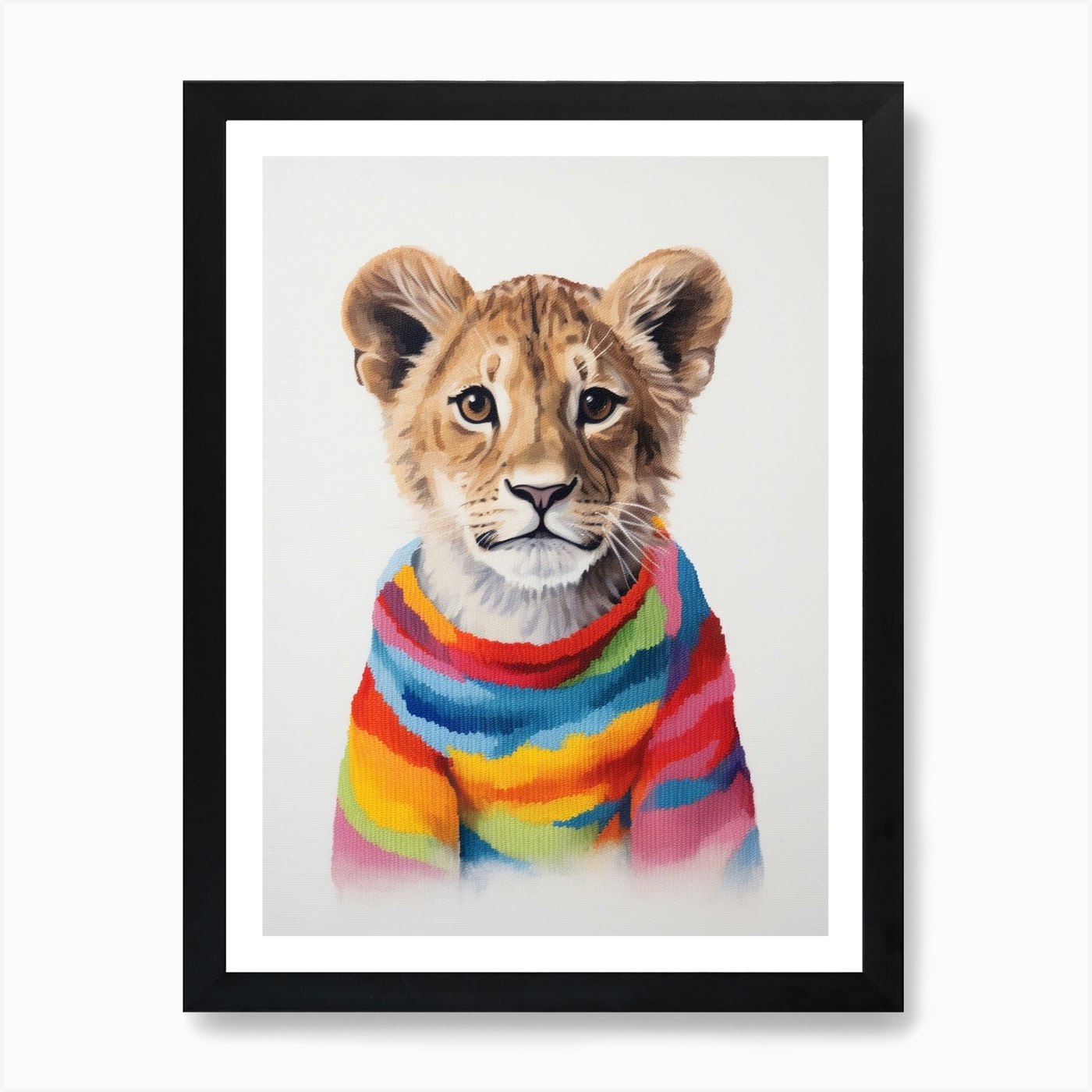 Baby Animal Wearing Sweater Lion 1  Framed Wall Art Poster Canvas Print Picture