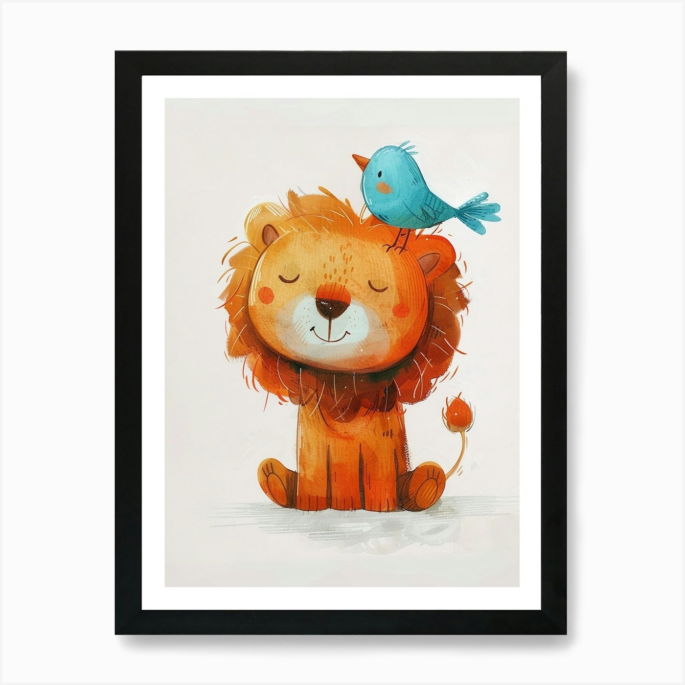 Small Joyful Lion With A Bird On It Framed Wall Art Poster Canvas Print Picture