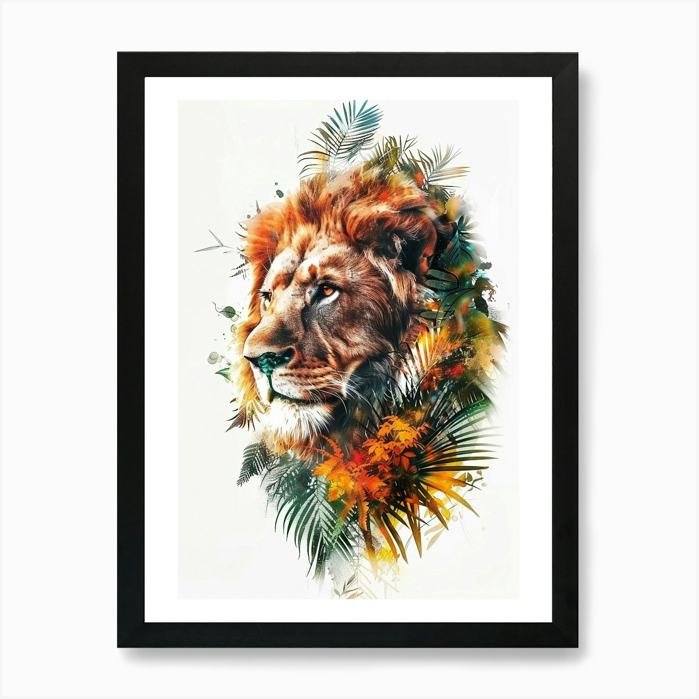 Double Exposure Realistic Lion With Framed Wall Art Poster Canvas Print Picture