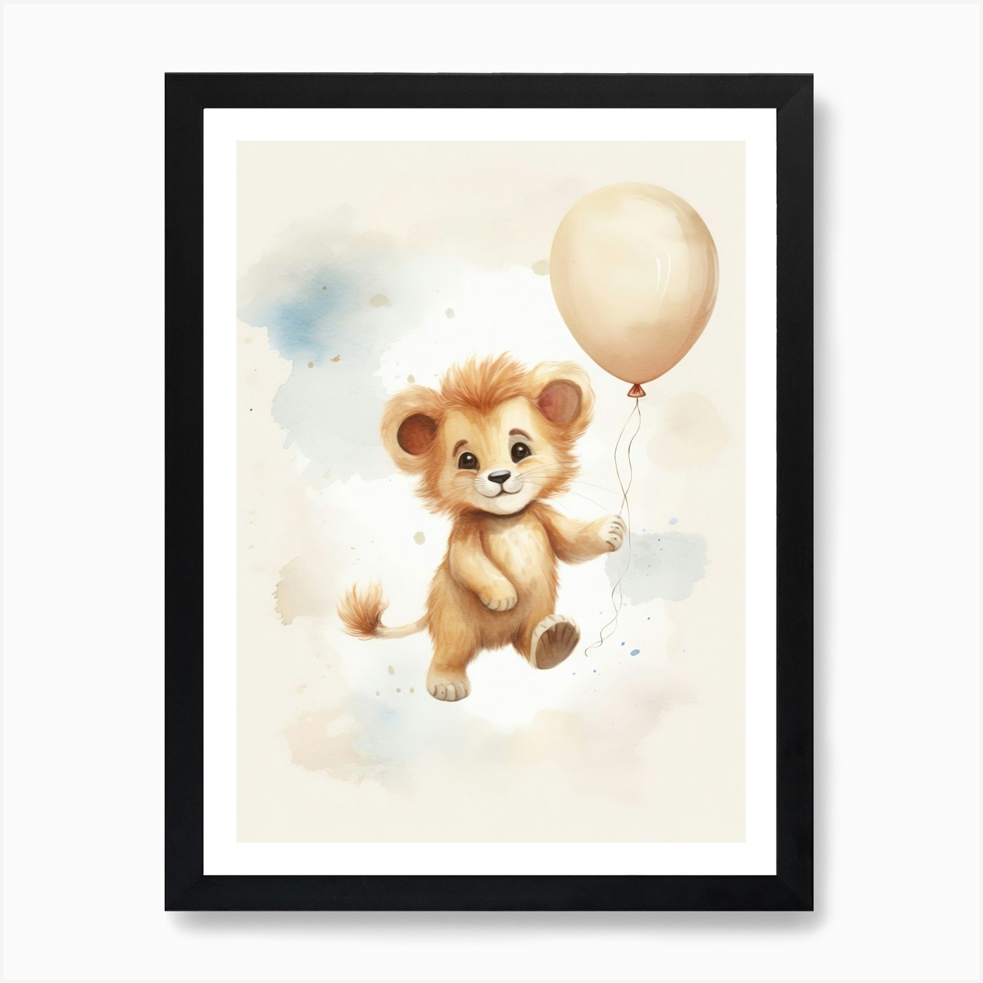 Baby Lion Flying With Ballons, Wate Framed Wall Art Poster Canvas Print Picture