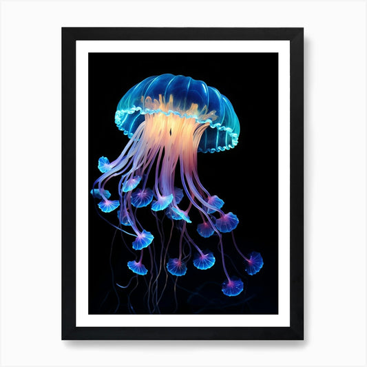 Lions Mane Jellyfish Neon Illustrat Framed Wall Art Poster Canvas Print Picture