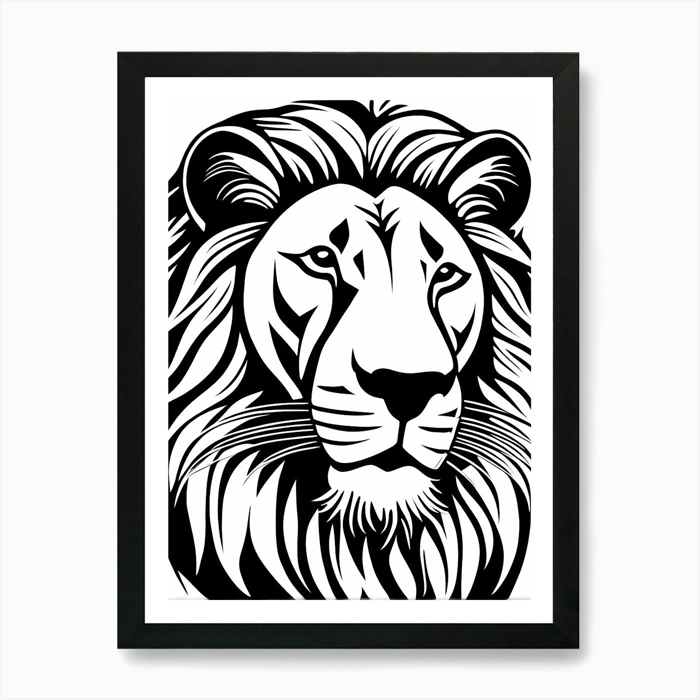 Lion Linocut Sketch Black And White Framed Wall Art Poster Canvas Print Picture