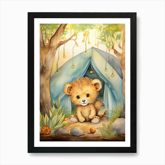 Camping Watercolour Lion Art Painti Framed Wall Art Poster Canvas Print Picture
