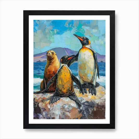 Galapagos Penguin Sea Lion Island C Framed Wall Art Poster Canvas Print Picture