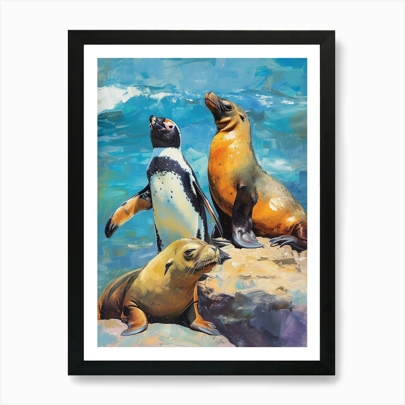 Galapagos Penguin Sea Lion Island C Framed Wall Art Poster Canvas Print Picture
