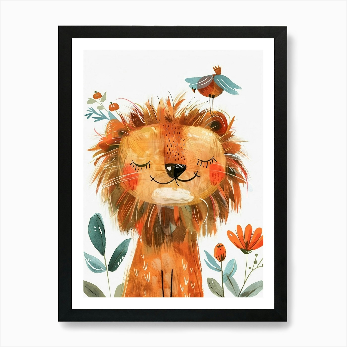 Small Joyful Lion With A Bird On It Framed Wall Art Poster Canvas Print Picture
