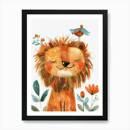 Small Joyful Lion With A Bird On It Framed Wall Art Poster Canvas Print Picture