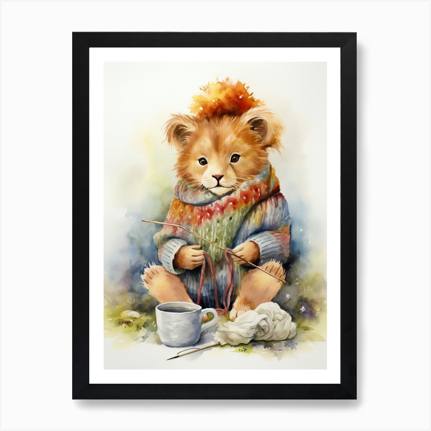 Knitting Watercolour Lion Art Paint Framed Wall Art Poster Canvas Print Picture
