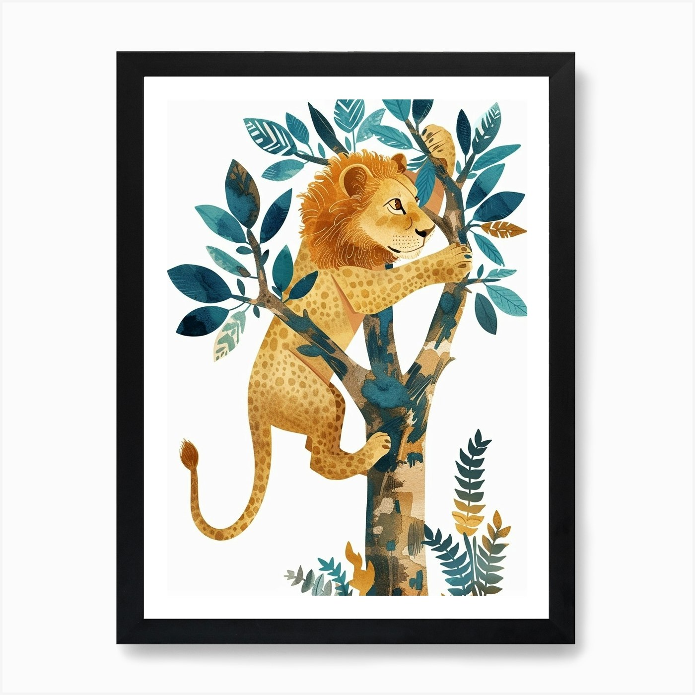 African Lion Climbing A Tree Clipar Framed Wall Art Poster Canvas Print Picture