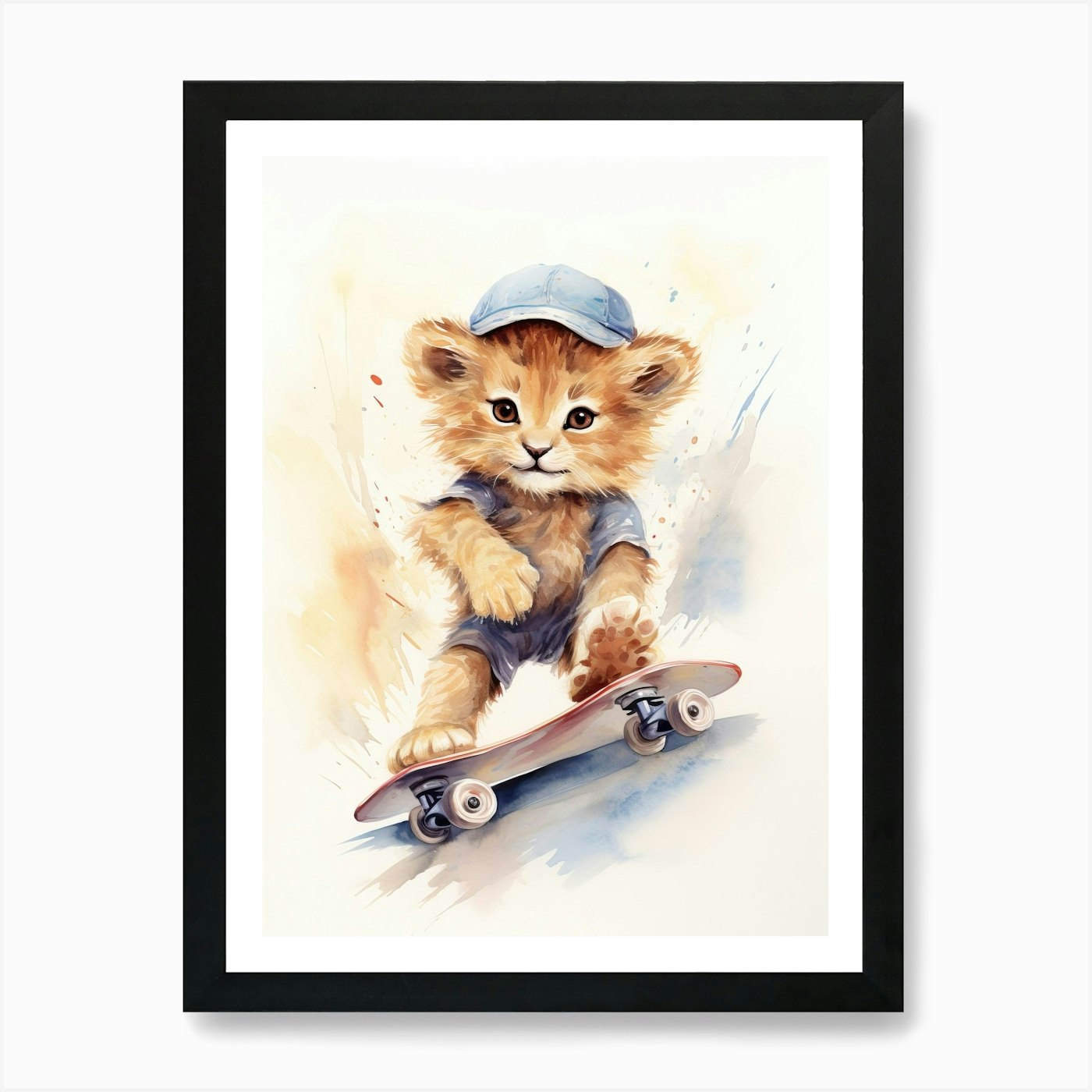 Skateboarding Watercolour Lion Art  Framed Wall Art Poster Canvas Print Picture