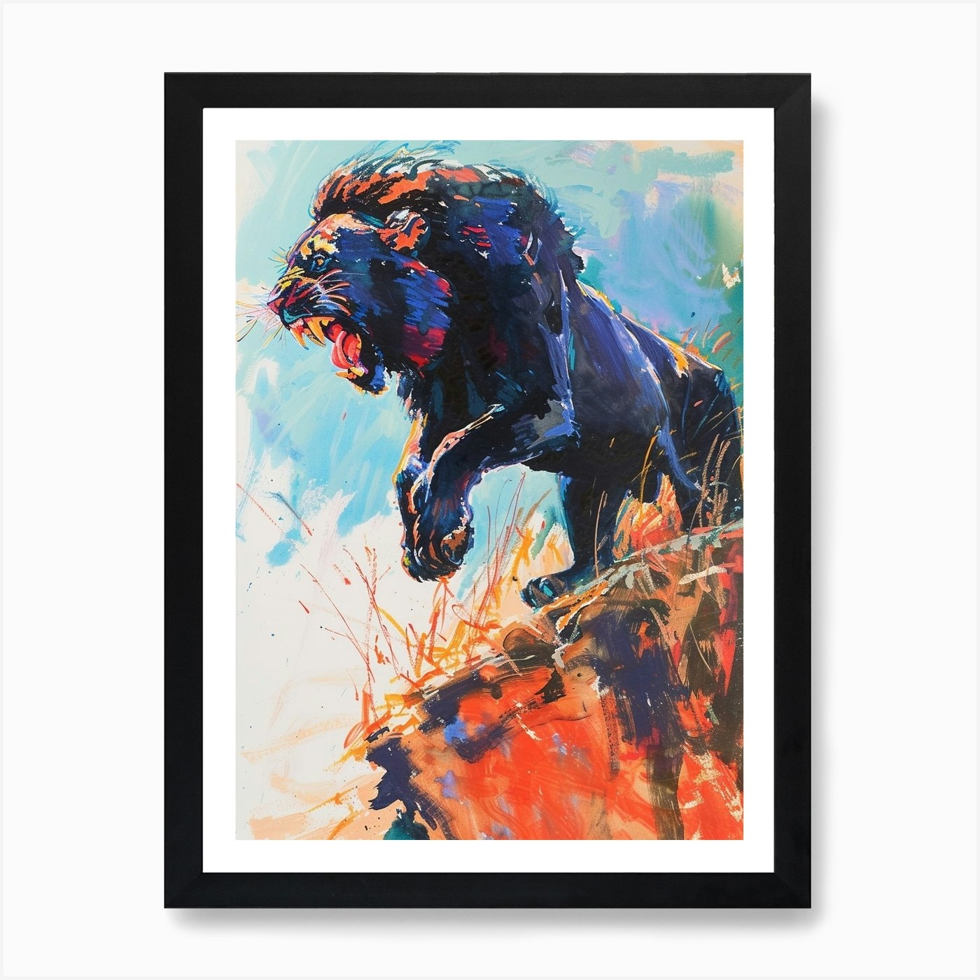 Black Lion Roaring On A Cliff Fauvi Framed Wall Art Poster Canvas Print Picture