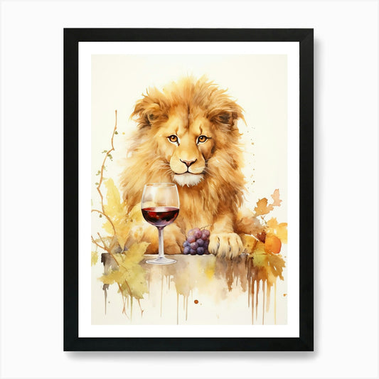 Tasting Wine Watercolour Lion Art P Framed Wall Art Poster Canvas Print Picture