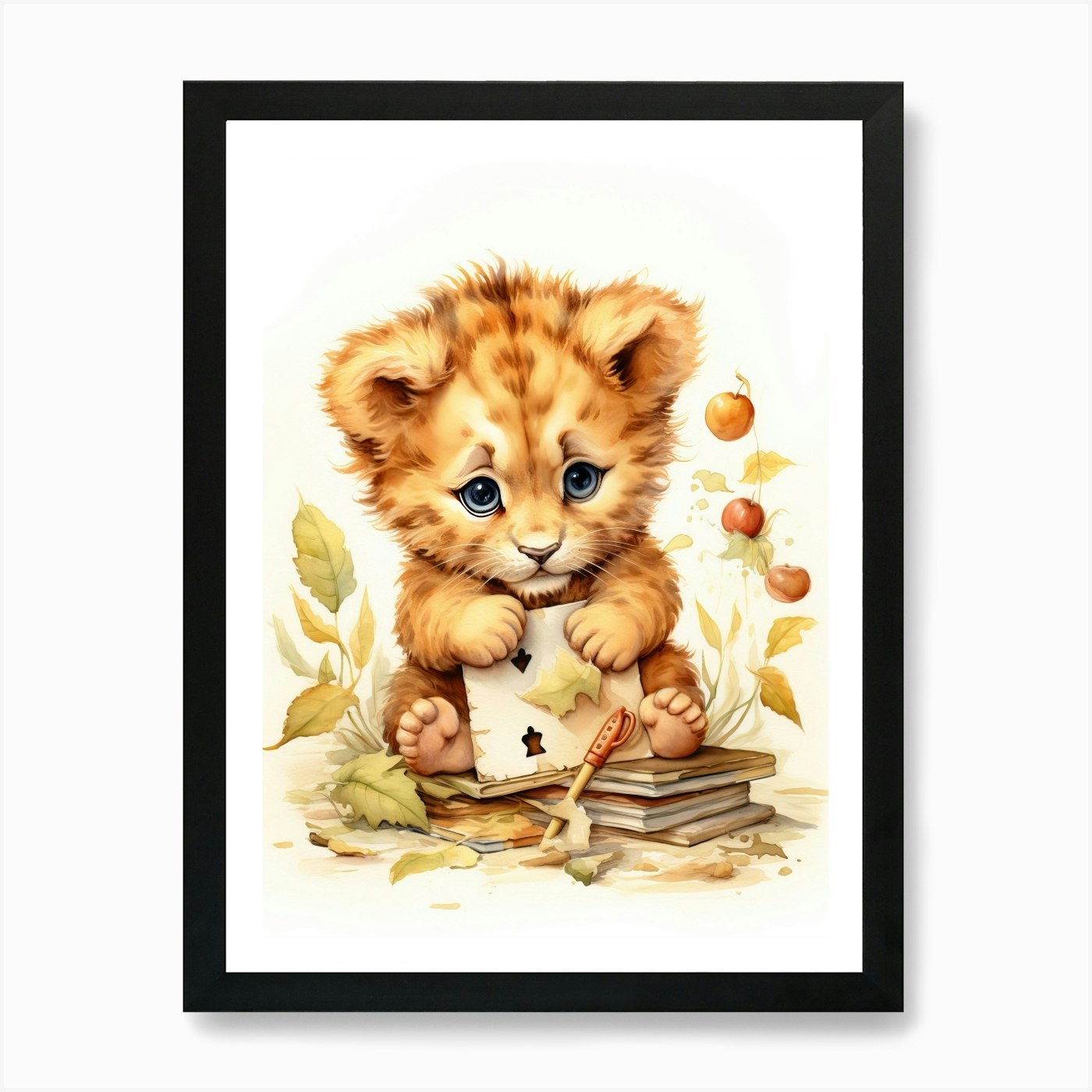 Solving Puzzles Watercolour Lion Ar Framed Wall Art Poster Canvas Print Picture