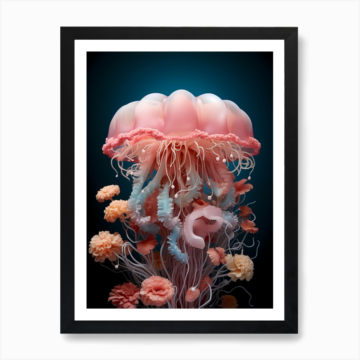 Lions Mane Jellyfish With Flowers A Framed Wall Art Poster Canvas Print Picture
