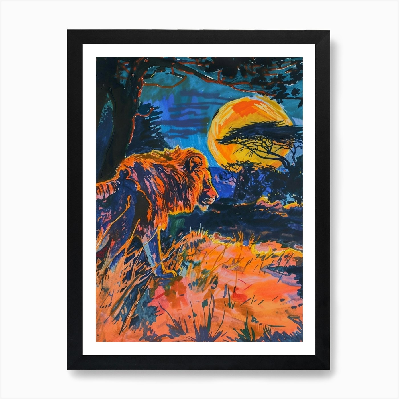 Masai Lion Night Hunt Fauvist Paint Framed Wall Art Poster Canvas Print Picture