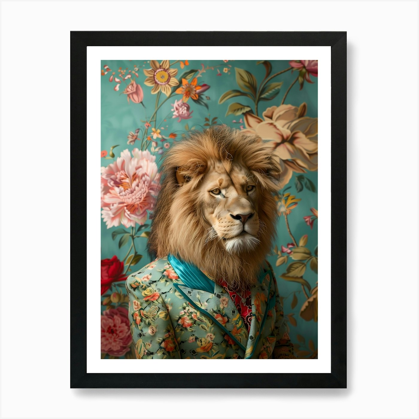 Lion In Floral Suit 1 Art Print Framed Wall Art Poster Canvas Print Picture