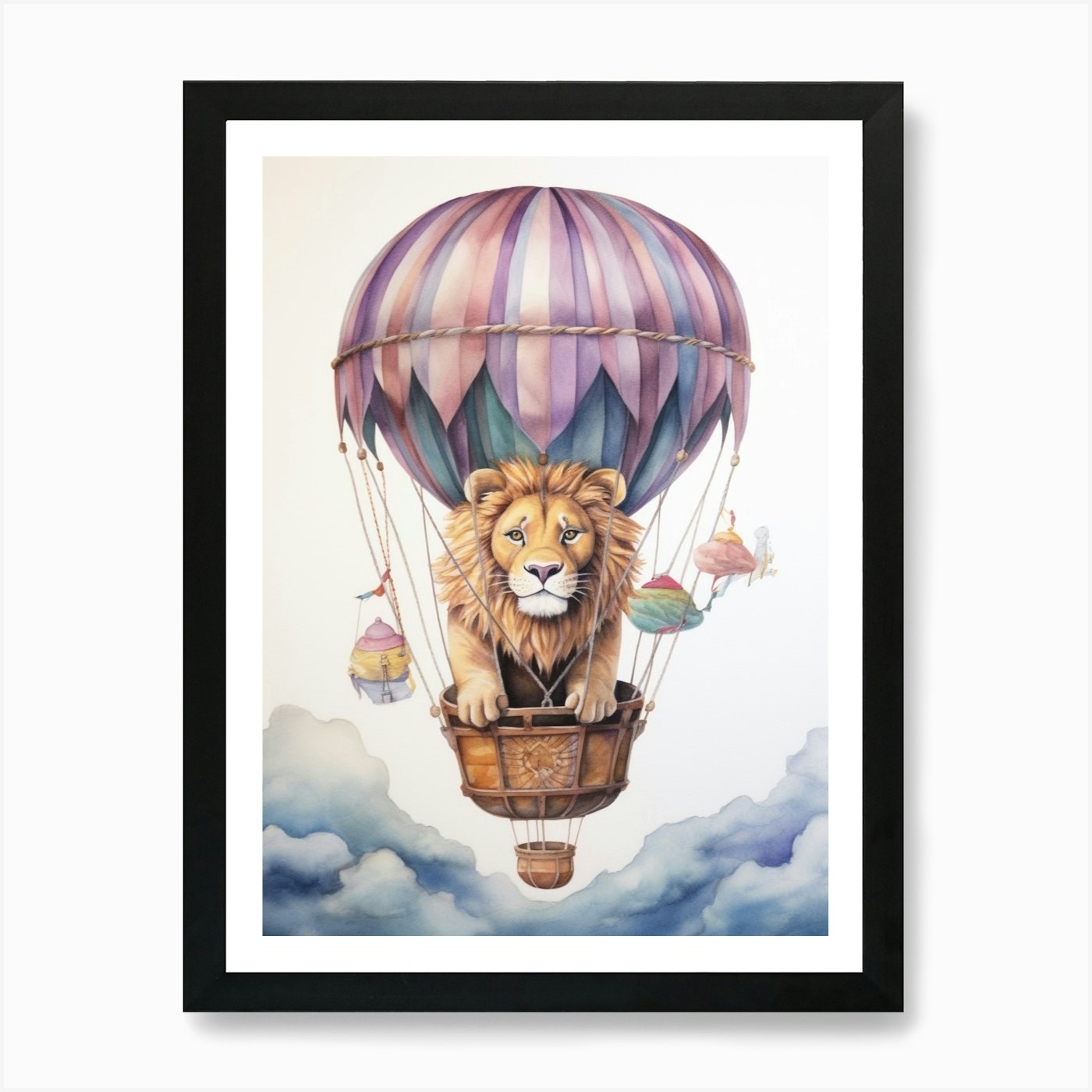 Baby Lion In A Hot Air Balloon Art  Framed Wall Art Poster Canvas Print Picture