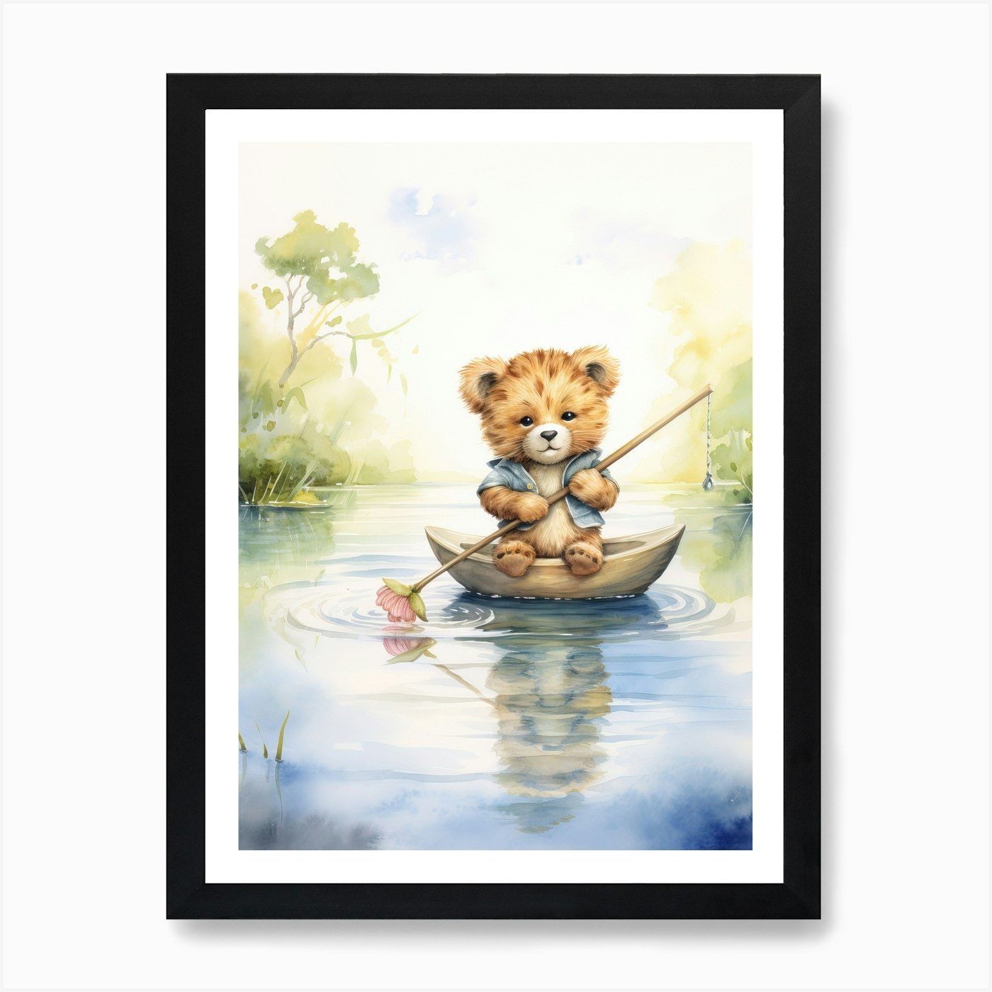 Fishing Watercolour Lion Art Painti Framed Wall Art Poster Canvas Print Picture