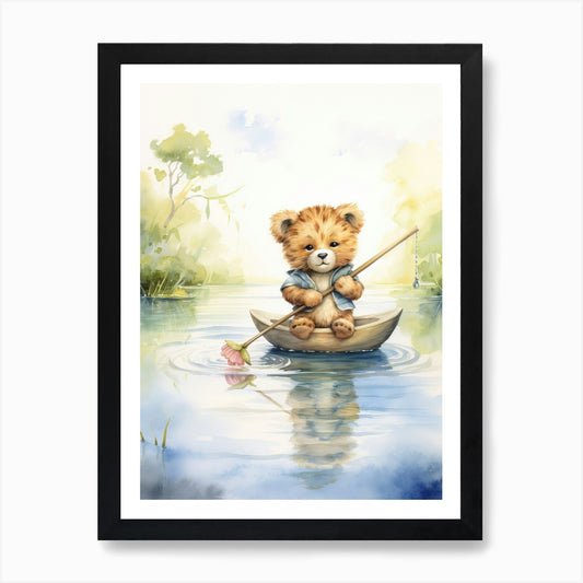 Fishing Watercolour Lion Art Painti Framed Wall Art Poster Canvas Print Picture