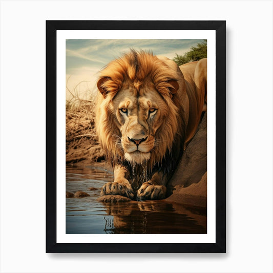 African Lion Drinking From A Stream Framed Wall Art Poster Canvas Print Picture