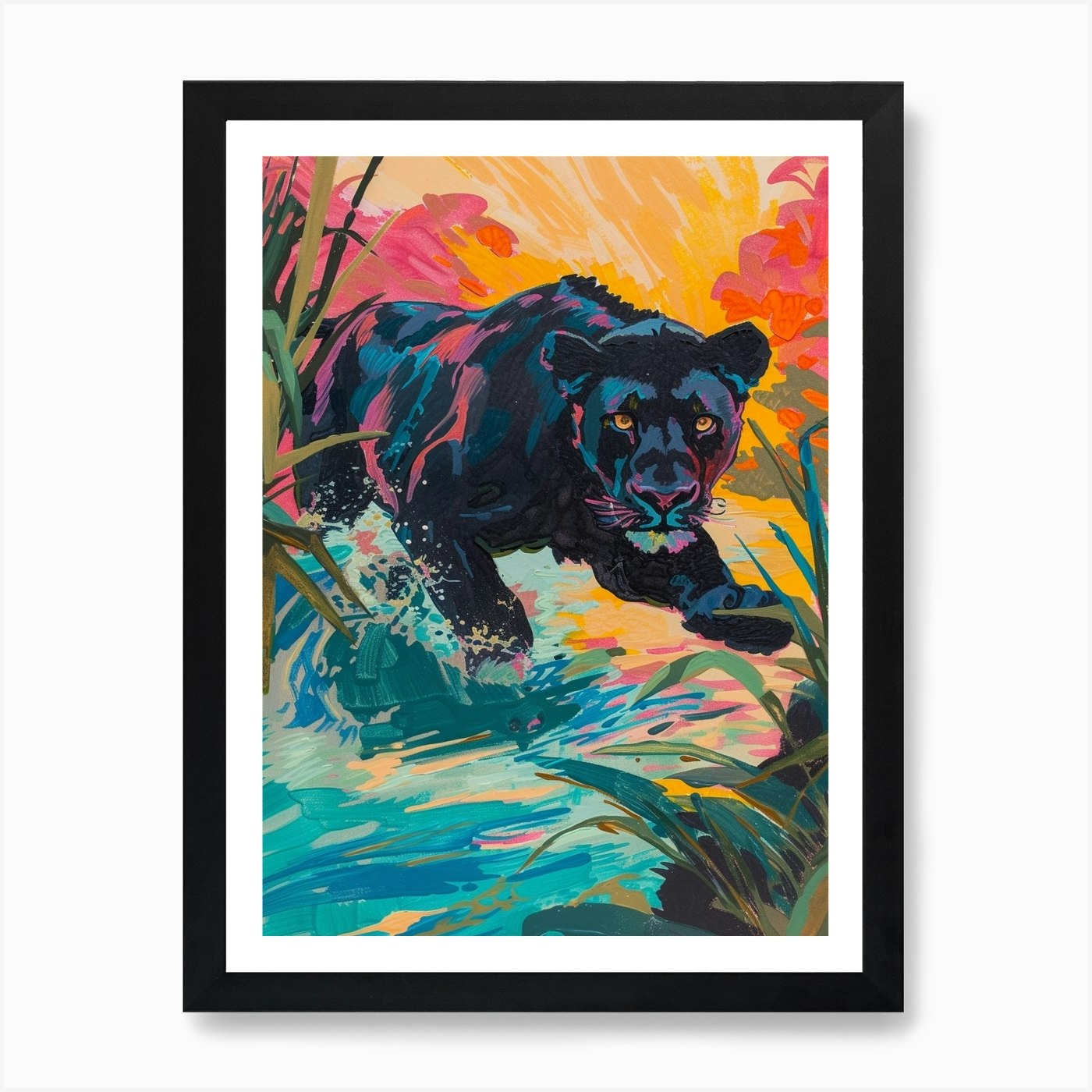 Black Lion Crossing A River Fauvist Framed Wall Art Poster Canvas Print Picture