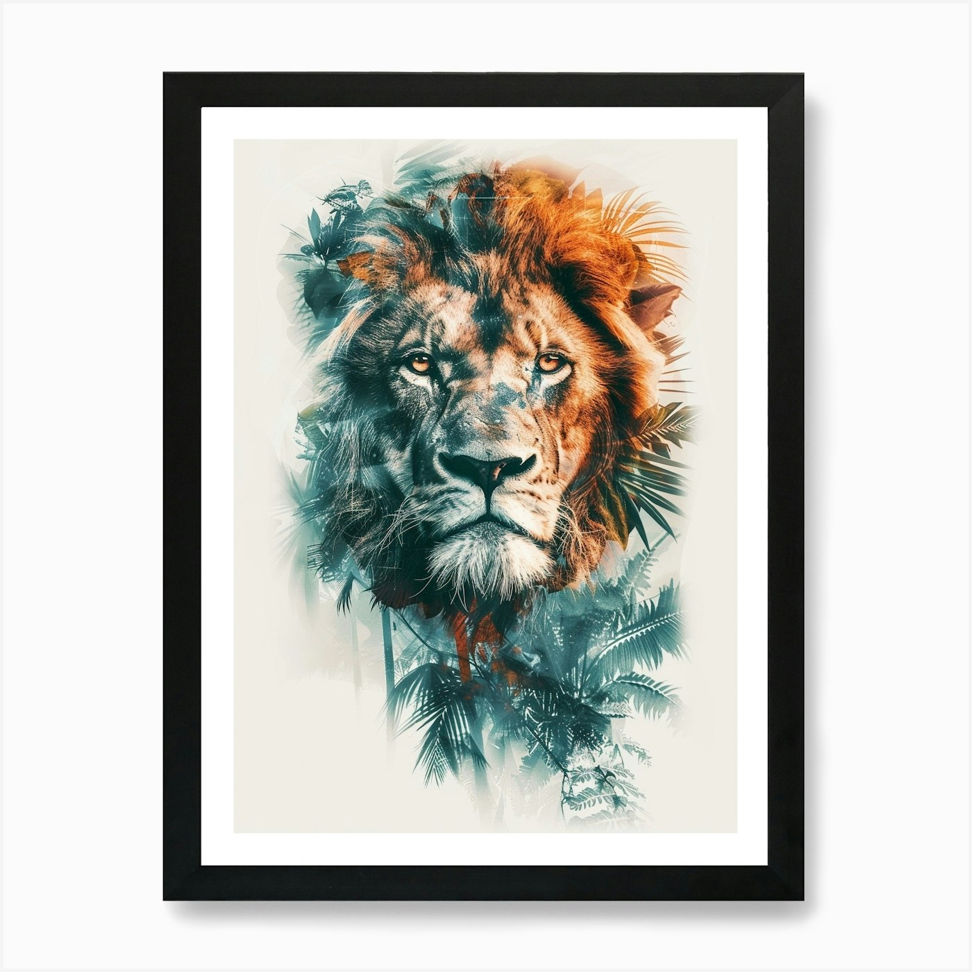 Double Exposure Realistic Lion With Framed Wall Art Poster Canvas Print Picture
