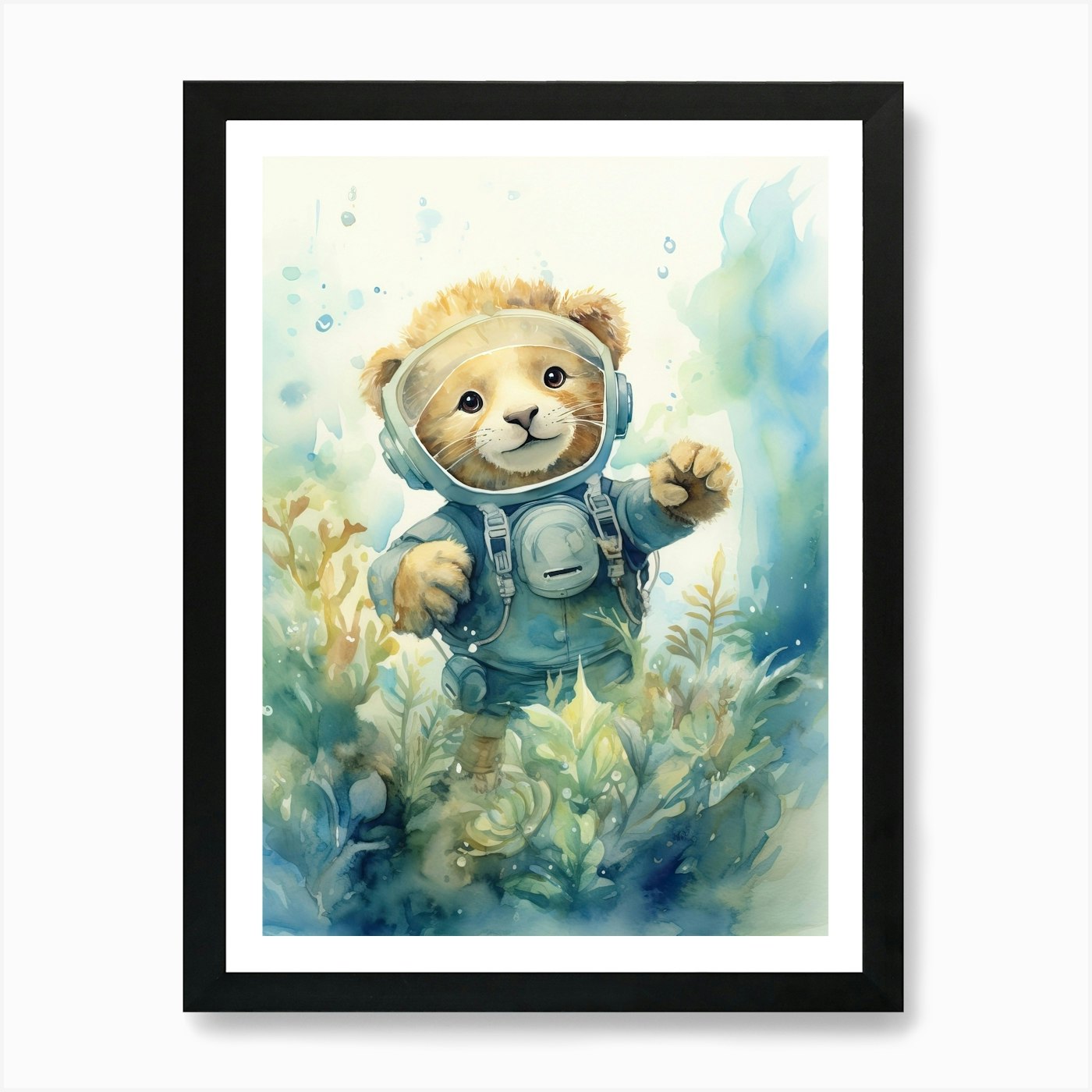 Scuba Diving Watercolour Lion Art P Framed Wall Art Poster Canvas Print Picture