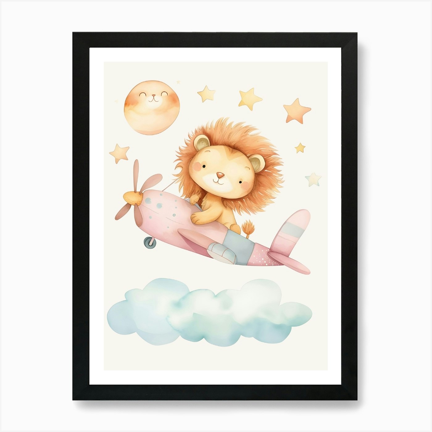 Cute Lion In A Plane Kids and Nurse Framed Wall Art Poster Canvas Print Picture