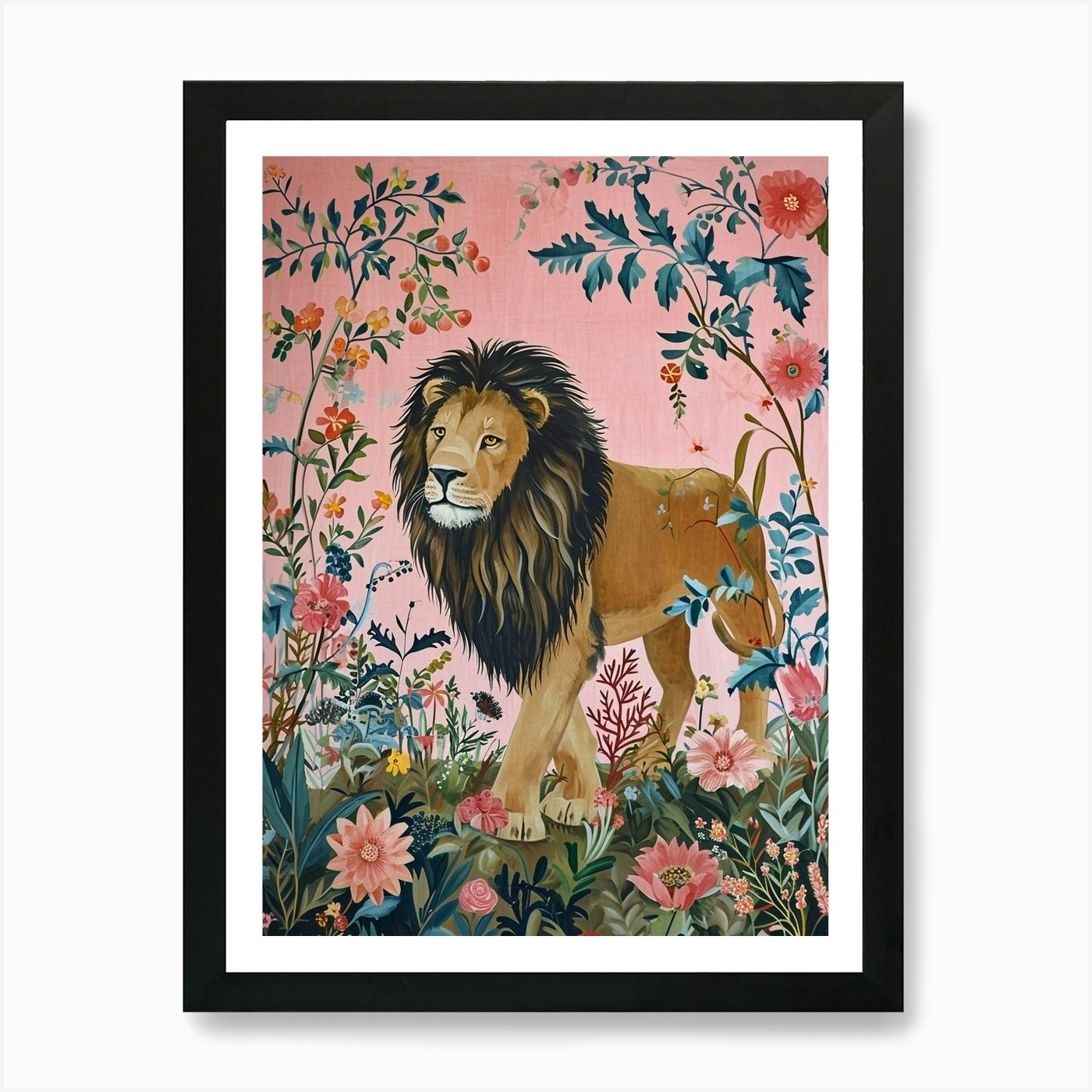 Floral Animal Painting Lion 3 Art P Framed Wall Art Poster Canvas Print Picture