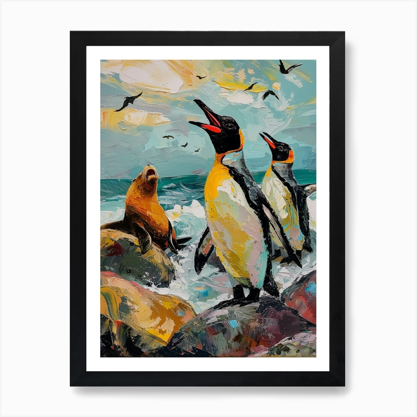 King Penguin Sea Lion Island Colour Framed Wall Art Poster Canvas Print Picture