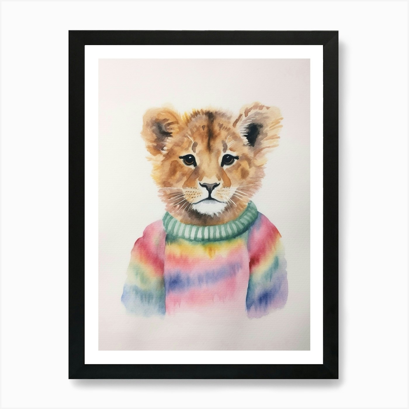 Baby Animal Watercolour Lion 2 Art  Framed Wall Art Poster Canvas Print Picture