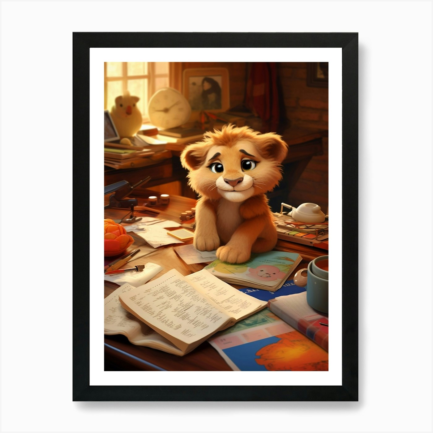 Baby Lion's Educational Expedition  Framed Wall Art Poster Canvas Print Picture