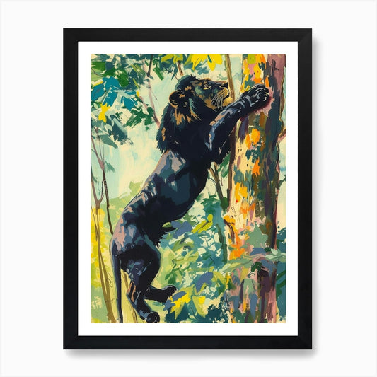 Black Lion Climbing A Tree Fauvist  Framed Wall Art Poster Canvas Print Picture