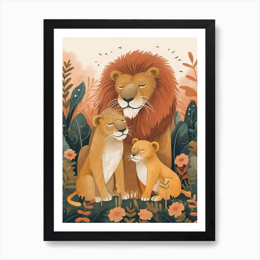 Barbary Lion Family Bonding Illutra Framed Wall Art Poster Canvas Print Picture