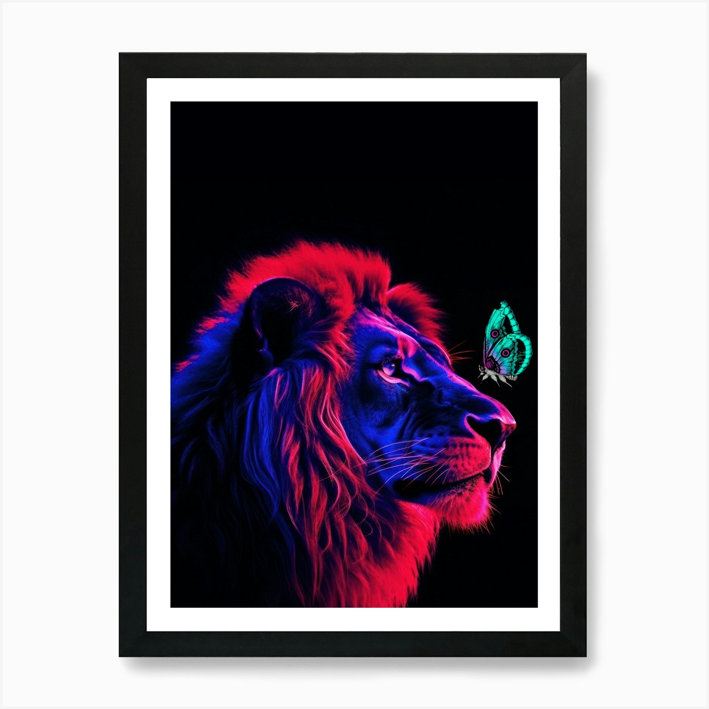 Lion With Butterfly Art Print Framed Wall Art Poster Canvas Print Picture