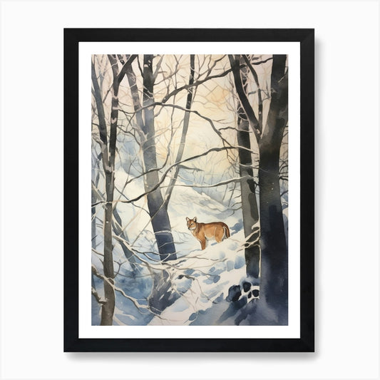Winter Watercolour Mountain Lion 3  Framed Wall Art Poster Canvas Print Picture