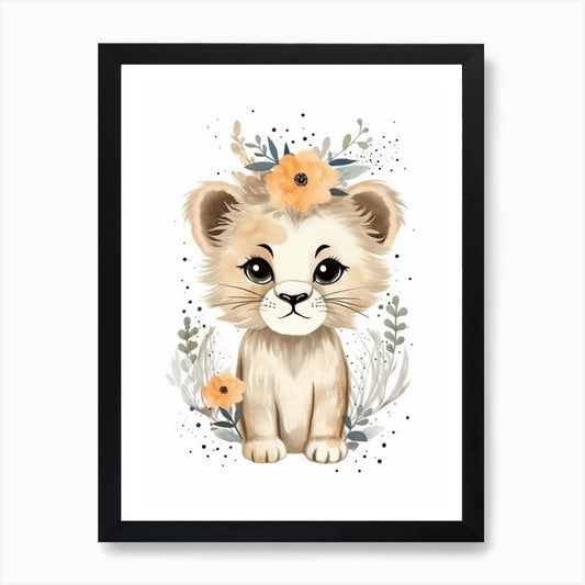 Watercolour Jungle Animal Baby Lion Framed Wall Art Poster Canvas Print Picture