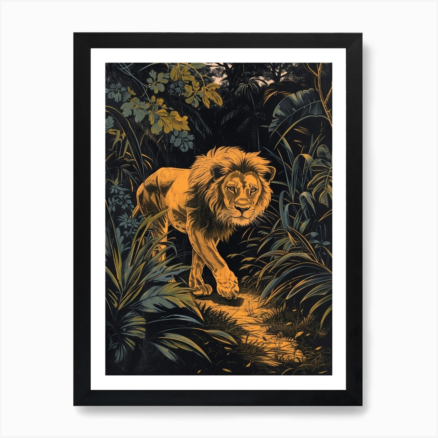 African Lion Relief Illustration Ni Framed Wall Art Poster Canvas Print Picture