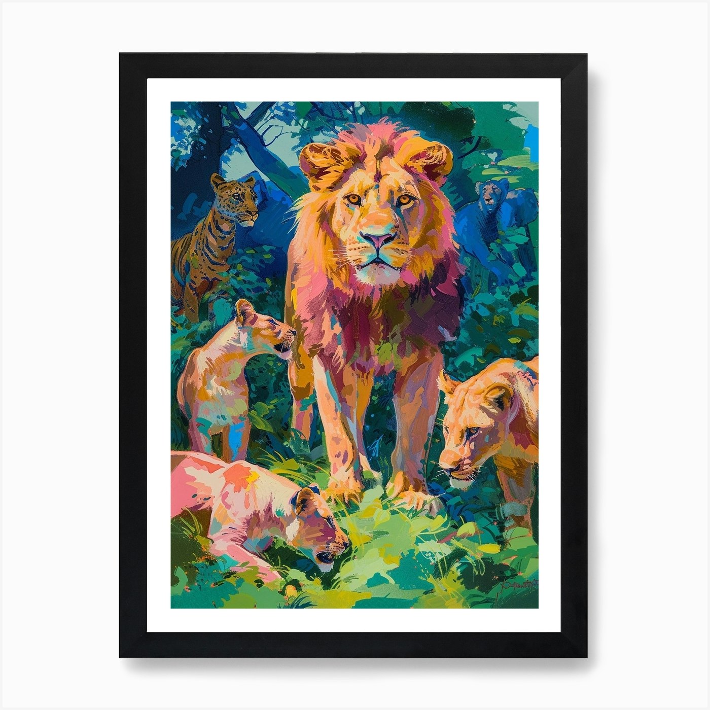 Asiatic Lion Interaction With Other Framed Wall Art Poster Canvas Print Picture