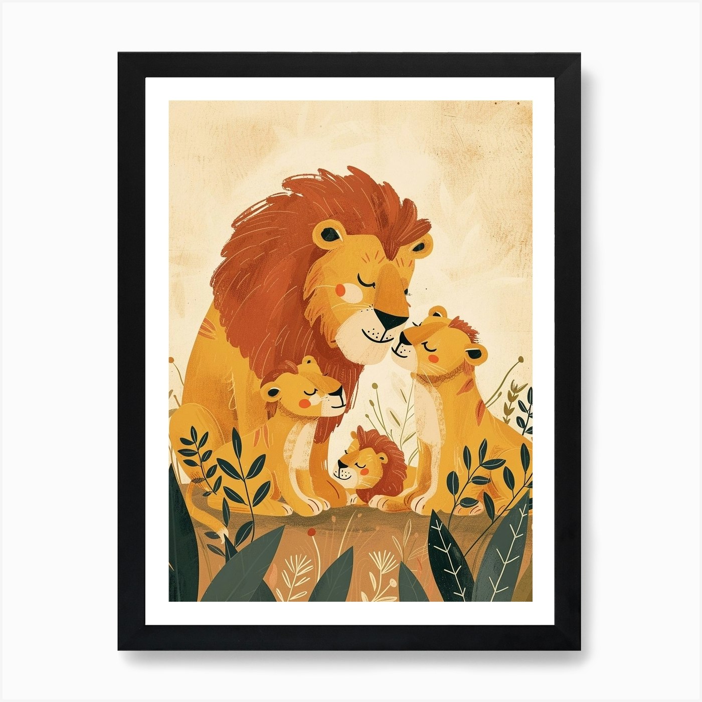 African Lion Family Bonding Illustr Framed Wall Art Poster Canvas Print Picture
