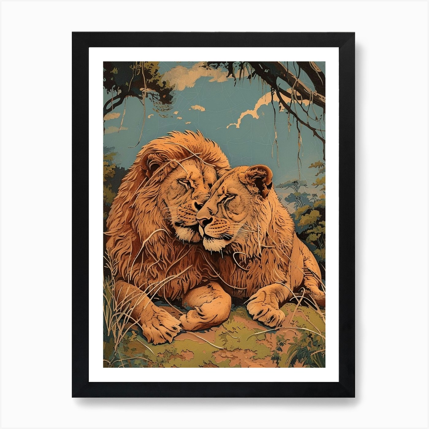 Barbary Lion Relief Illustration Fa Framed Wall Art Poster Canvas Print Picture