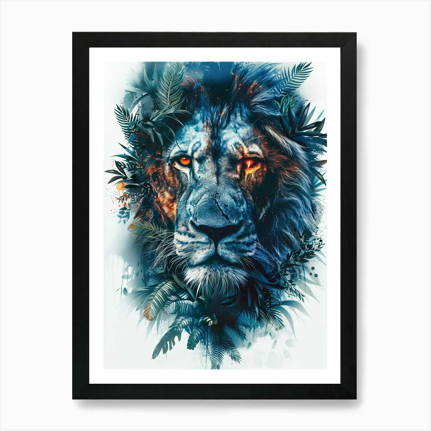 Double Exposure Realistic Lion With Framed Wall Art Poster Canvas Print Picture