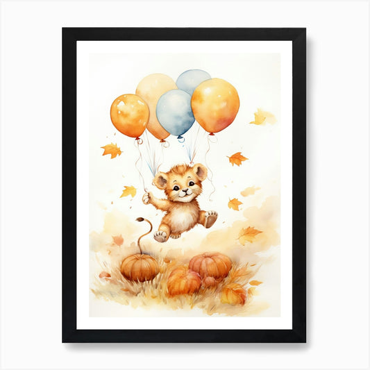 Lion Flying With Autumn Fall Pumpki Framed Wall Art Poster Canvas Print Picture