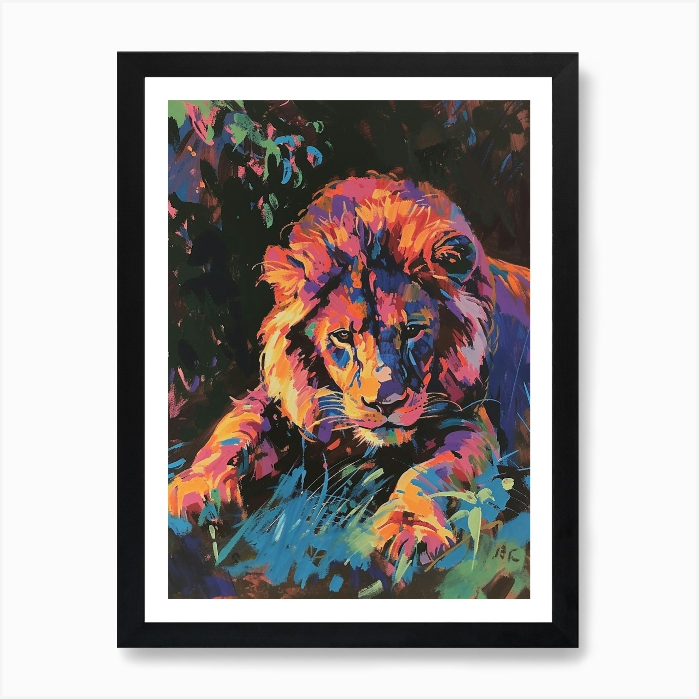 Asiatic Lion Night Hunt Fauvist Pai Framed Wall Art Poster Canvas Print Picture