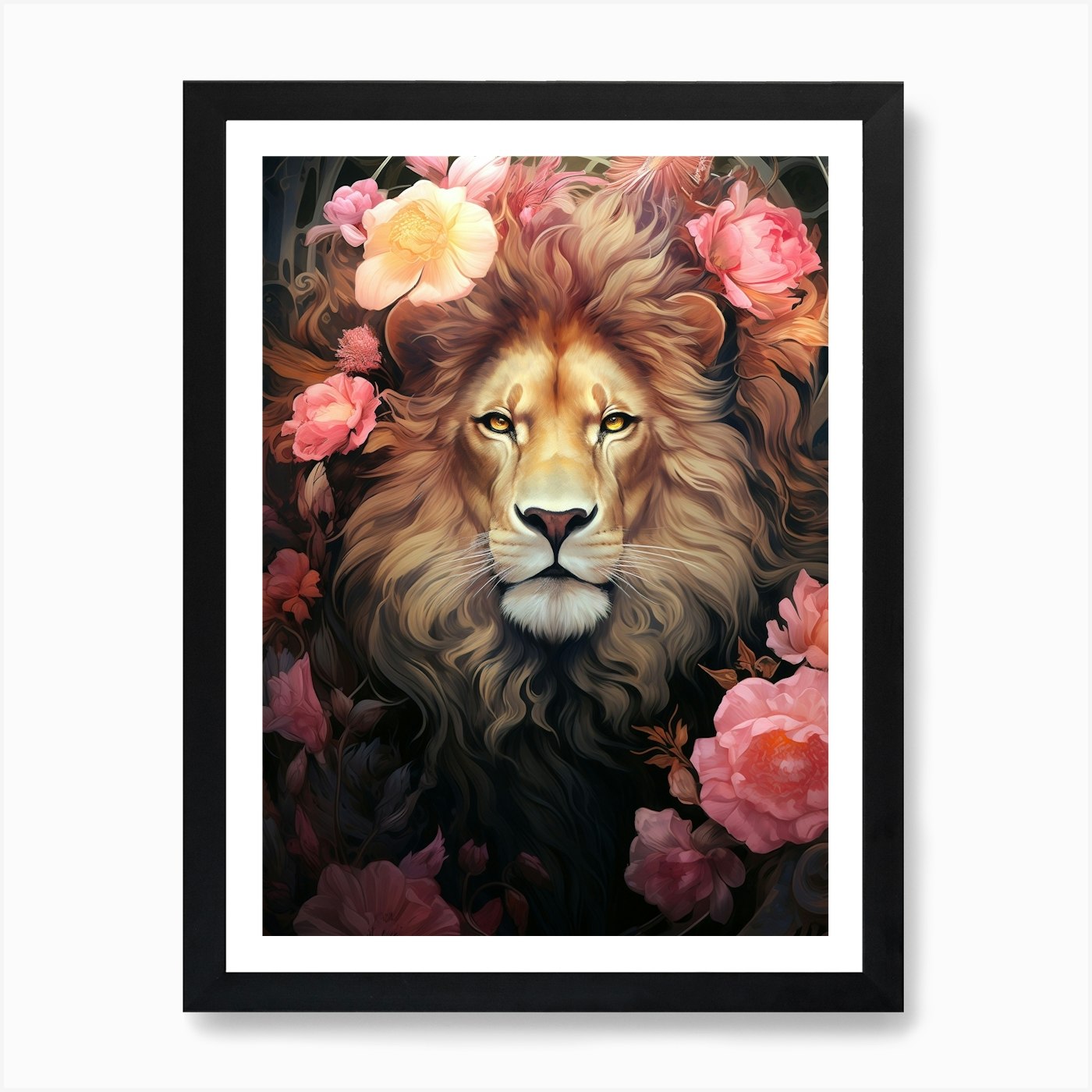 Lion With Flowers 1 Art Print Framed Wall Art Poster Canvas Print Picture