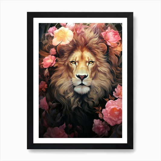 Lion With Flowers 1 Art Print Framed Wall Art Poster Canvas Print Picture