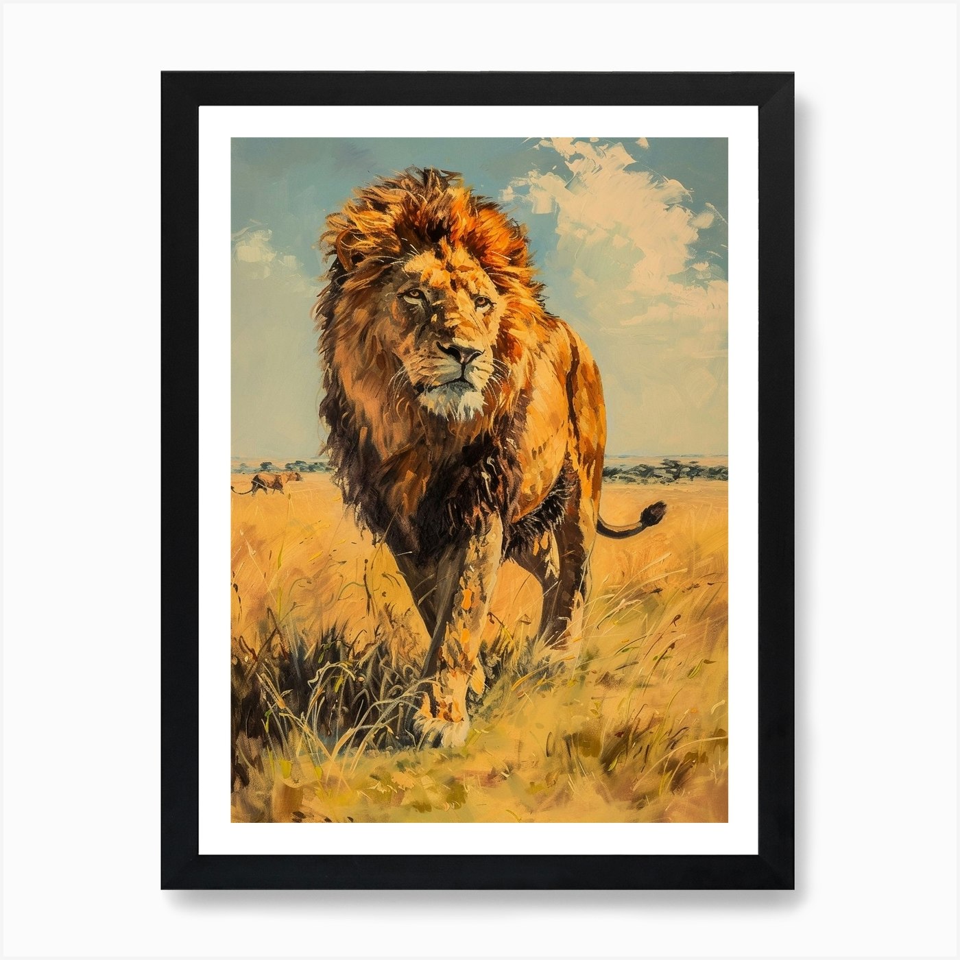 African Lion Hunting Acrylic Painti Framed Wall Art Poster Canvas Print Picture