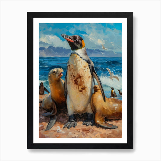 Adlie Penguin Sea Lion Island Oil P Framed Wall Art Poster Canvas Print Picture