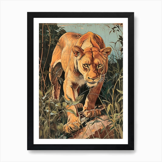 African Lion Relief Illustration Li Framed Wall Art Poster Canvas Print Picture
