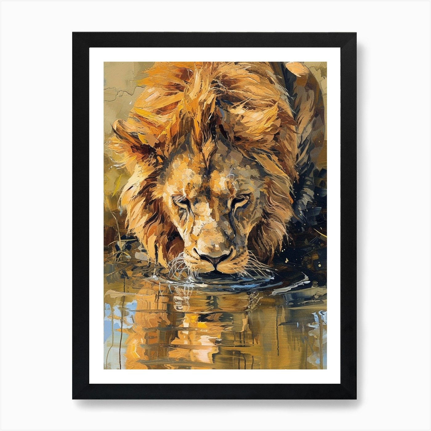 African Lion Drinking From A Wateri Framed Wall Art Poster Canvas Print Picture